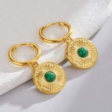 1 對綠色寶石圓形和金色不銹鋼吊墜耳環,復古時尚珠寶 - 金色 - 查看 3