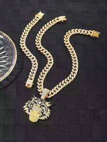 2pcs/Set Hiphop Style Gold Chain Bracelet And Necklace With Diamond Detail - Gold - View 6