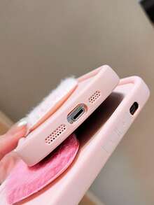 1pc Plush Heart Design Three Colors Phone Case Compatible With IPhone, Shockproof - Pink - View 5