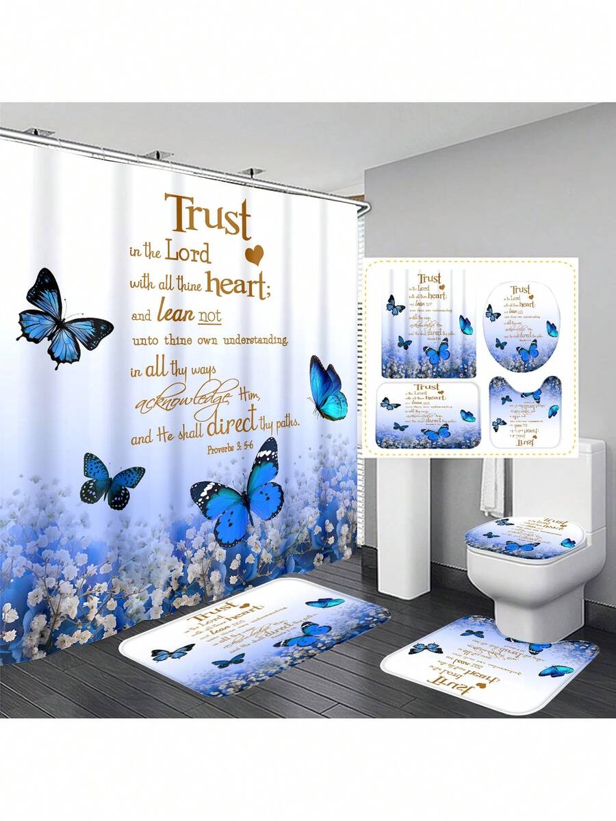 1 件/4 件藍色蝴蝶和花朵聚酯防水隔熱家居裝飾浴室浴簾帶 12 個掛鉤浴室防滑墊 U 形地墊和圓形馬桶座墊浴室套裝適合所有場景使用 - 藍色 - 查看 1
