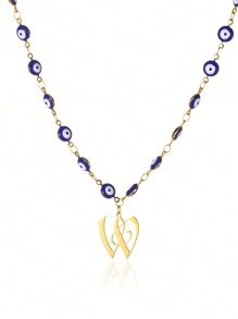 1pc Gold Stainless Steel Blue Evil Eye Initial A-Z Pendant Necklace Suitable For Women, Festival Gift