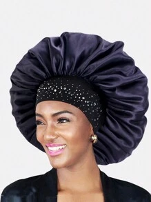 1pc Women's Extra Large Elastic Wide Brim Bedcap, Headband With Rhinestone Design, Beauty & Hair Care Accessory - Black - View 2