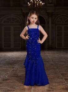 Tween Girls Mesh Contrast Sequin Mermaid Hem Spaghetti Strap Party Dress