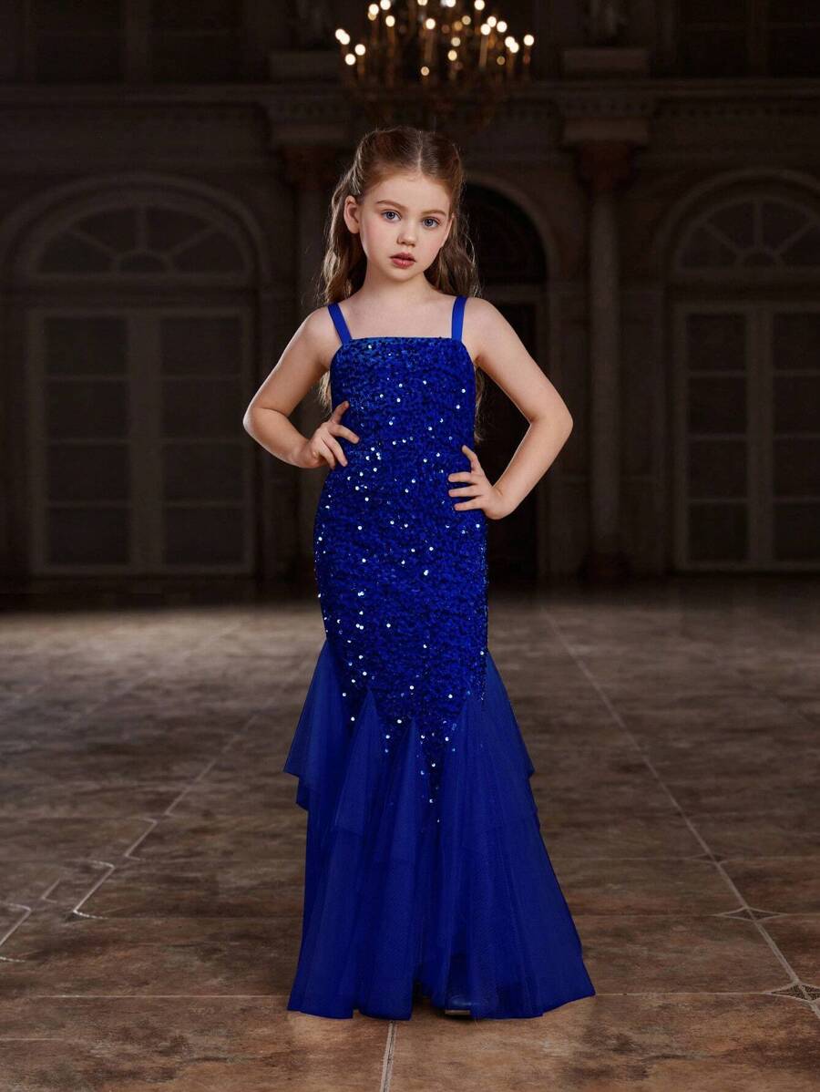Tween Girls Mesh Contrast Sequin Mermaid Hem Spaghetti Strap Party Dress