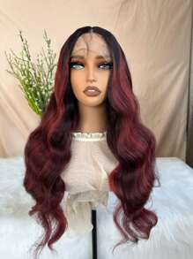 T形鉤花邊前13*4.5*1波浪捲26吋合成纖維女士長中分假髮帽 - 酒紅色 - 查看 2