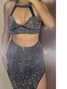 Sexy Top & Falda Brillosa - Negro - Ver 2