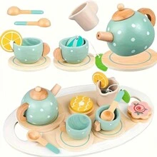 15 件木製茶具模擬下午茶套裝茶會套裝幼兒茶具假裝表演兒童玩具套裝聖誕禮物 - 彩色 - 查看 2