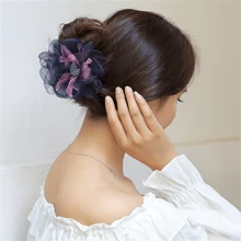 1Pc Tulle Ruffle Flower Plastic Hair Claws Clips Big Silk Fabric Floral Hair Bow Jaw Barrettes Clamps Updo Holders Decorative Fancy Hair Accessories For Women Girls - Teal Blue - View 3