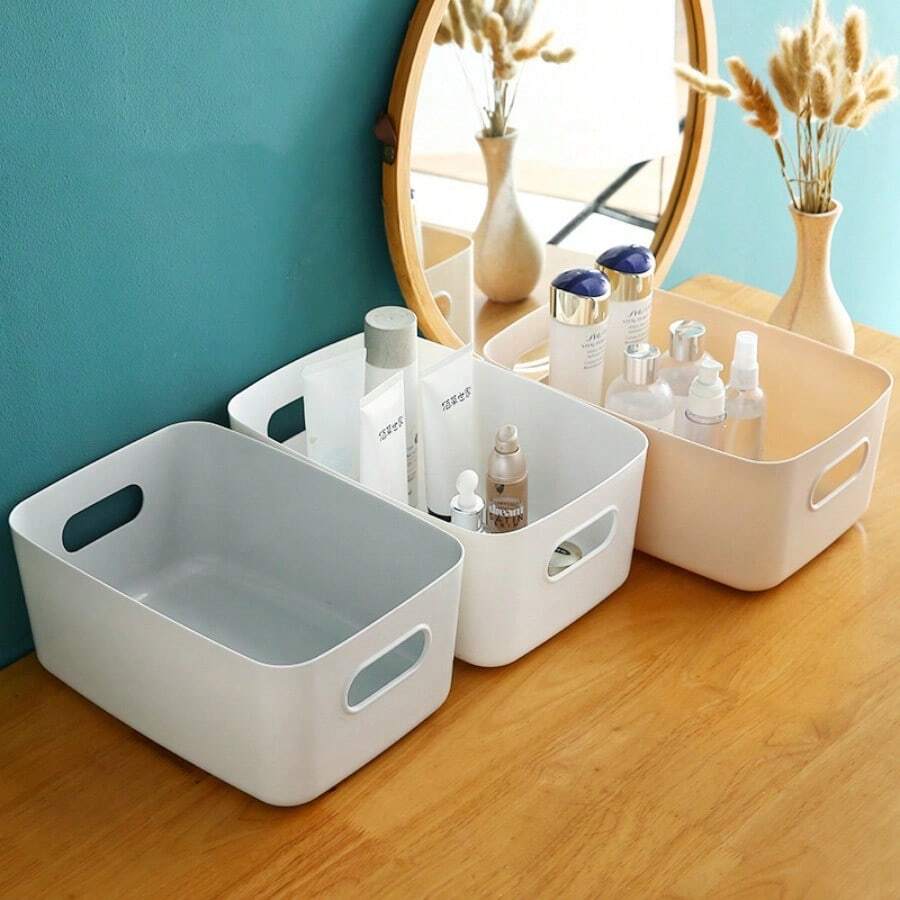 1pc Plastic Storage Box For Desk, Cosmetic, Kitchen And Snacks - Apricot - View 1