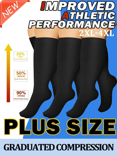 3双加大码压力袜，循环压力15-20毫米汞柱，男女款，小腿加宽，孕妇及膝高筒袜，孕妇医疗跑步哺乳运动健身骑行运动，秋季最佳支撑