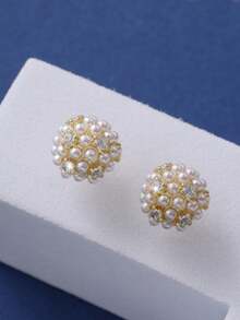 1pair Fashionable & Delicate Pearl & Zirconia Ball Stud Earrings For Women, Perfect For Dating Or Birthday Gift - Gold - View 2