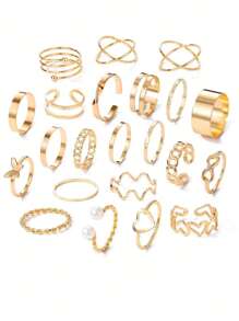 22枚个性化夸张金银色扭波爱心图案戒指女士组合戒指套装派对礼品 - 銀色 - 查看 6