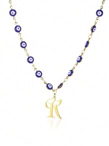 1pc Gold Stainless Steel Blue Evil Eye Initial A-Z Pendant Necklace Suitable For Women, Festival Gift