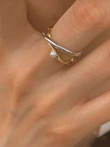 1個S925純銀雙層＆珍珠戒指，適合女士生日禮物或日常佩戴，獨特別緻的開放式設計配上極簡細膩的風格 - 金色 - 查看 1