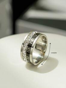 1枚時尚羅馬數字雙環設計鈦鋼戒指,鑲嵌立方氧化鋯,可旋轉,男女適用,日常佩戴 - 銀色 - 查看 13