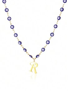 1pc Gold Stainless Steel Blue Evil Eye Initial A-Z Pendant Necklace Suitable For Women, Festival Gift