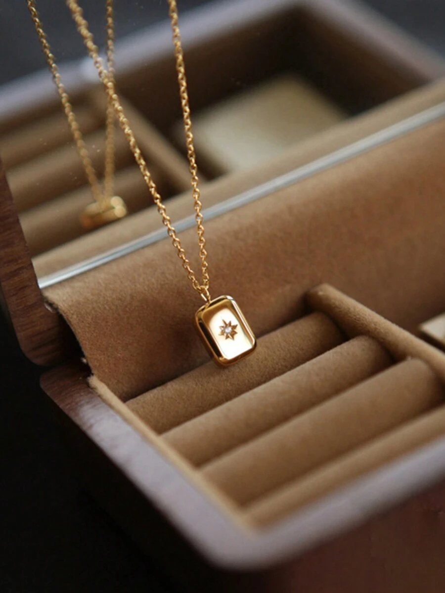 A Đẹp Của phụ nữ Hàng ngày/Tiệc Cao-kết thúc Phụ kiện trang sức Mạ vàng 24K Hình vuông S925 Bạc nguyên chất Dây chuyền - dây chuyền vàng vuông - Xem 1