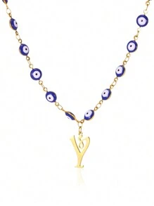 1pc Gold Stainless Steel Blue Evil Eye Initial A-Z Pendant Necklace Suitable For Women, Festival Gift