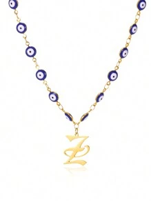 1pc Gold Stainless Steel Blue Evil Eye Initial A-Z Pendant Necklace Suitable For Women, Festival Gift