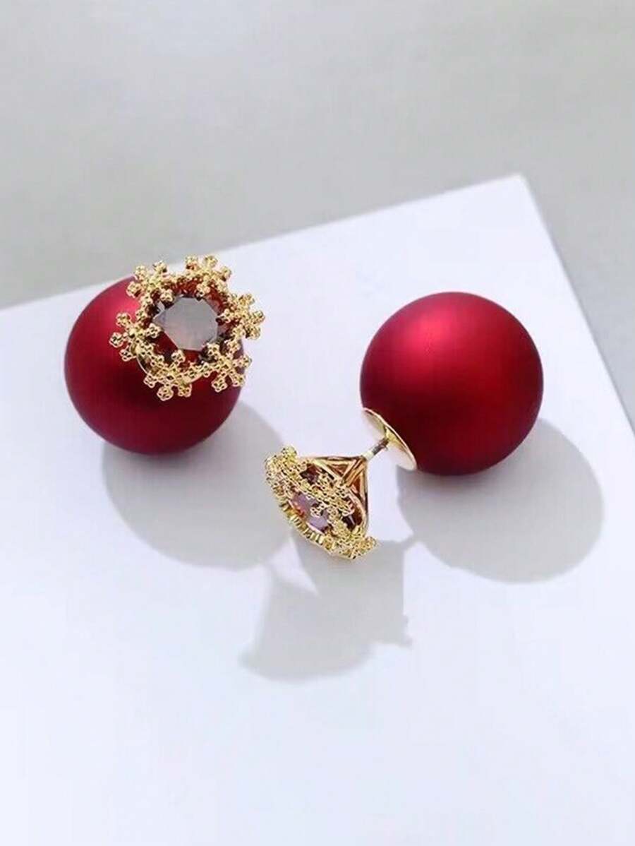 1pair Red Frosted Crystal Snowflake Stud Earrings For Women, High-End, Cute And Exquisite, Front-Back Style - Multicolor - View 1