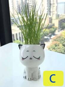 1只陶瓷花盆,迷你貓形狀卡通可愛桌上花盆,diy桌面裝飾教育學校禮物 - 黑與白 - 查看 7