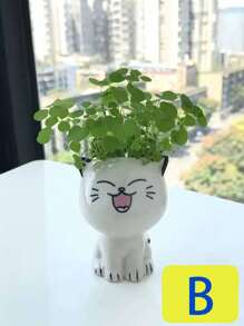 1只陶瓷花盆,迷你貓形狀卡通可愛桌上花盆,diy桌面裝飾教育學校禮物 - 黑與白 - 查看 6