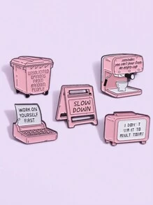 5 件裝創意減速警告標誌琺瑯別針可愛卡通粉紅色翻領徽章裝飾電視咖啡機胸針背包別針 - 粉色 - 查看 3