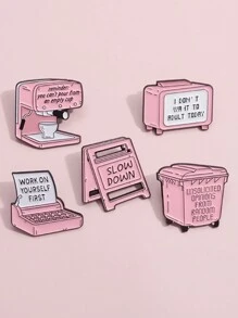 5 件裝創意減速警告標誌琺瑯別針可愛卡通粉紅色翻領徽章裝飾電視咖啡機胸針背包別針 - 粉色 - 查看 2