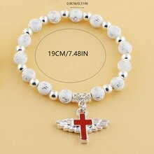 2pcs Silver-Tone Cross & Wing Design Acrylic Beaded Bracelet, Ideal For Birthdays, Mother'S Day, Father'S Day, Christmas, Valentine'S Day Gifts - SC005 - View 7