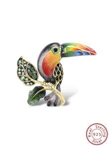 Santuzza 1 件个性化风格人造绿水晶彩色珐琅 925 纯银巨嘴鸟形胸针，适合女士 - 彩色 - 查看 1