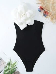 Bikinx Traje de baño de un hombro con aplicación de flor 3D en bloques de color y falda envolvente de encaje para verano - Negro - Ver 8