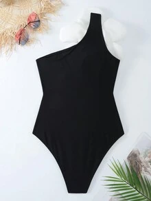 Bikinx Traje de baño de un hombro con aplicación de flor 3D en bloques de color y falda envolvente de encaje para verano - Negro - Ver 9