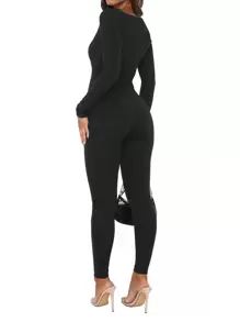 女士瑜伽连体裤健身罗纹长袖运动连体裤 - 黑色 - 查看 2