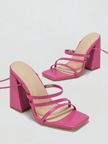 Ladies' Summer Breathable Square Toe Strappy Chunky Heel Hot Pink Sandals - Hot Pink - View 5