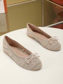 女款圓頭透氣布料簡潔優雅平底鞋，舒適蝴蝶結 - 杏色 - 查看 3