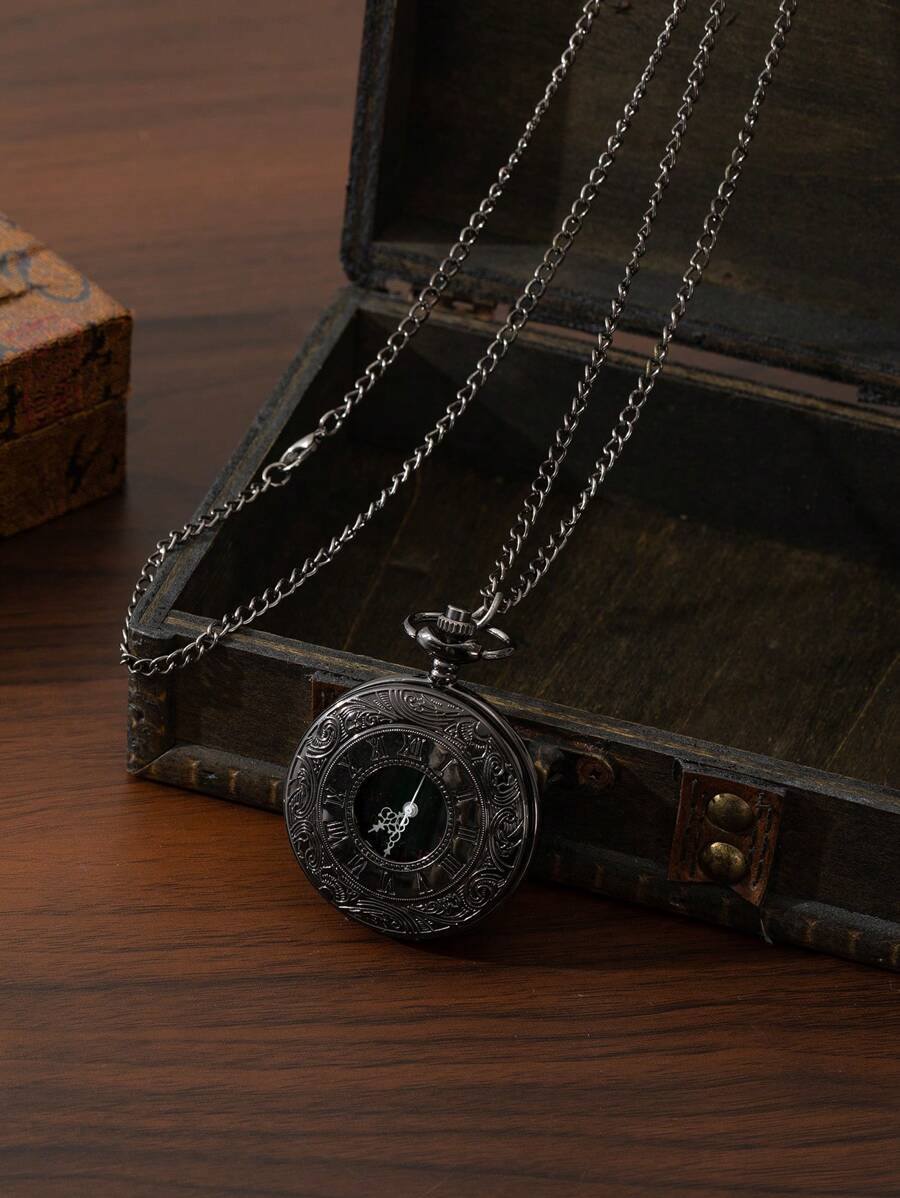 1 PC Chất Liệu Hợp Kim Hoa Văn La Mã Flip Cover Vintage Đồng Hồ Bỏ Túi Làm Quà Tặng Cho Học Sinh Trở Lại Trường Học - màu đen - Xem 1