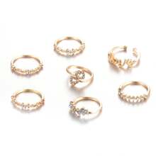 7pcs/Set Ladies' Fashionable Heart, Letter & Rhinestone Combination Ring Set Suitable For Party & Daily Wear - Gold - View 6