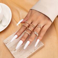 7pcs/Set Ladies' Fashionable Heart, Letter & Rhinestone Combination Ring Set Suitable For Party & Daily Wear - Gold - View 2