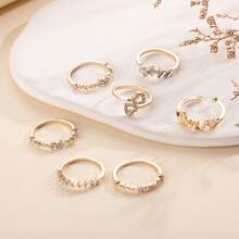7pcs/Set Ladies' Fashionable Heart, Letter & Rhinestone Combination Ring Set Suitable For Party & Daily Wear - Gold - View 3