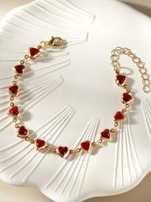 1入時尚ins風格獨特設計甜美精緻珠子紅色心形吊墜手鍊,適合女士日常佩戴、旅行、拍照,可作為生日禮物贈送給家人和朋友 - 金色 - 查看 4