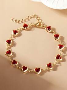 1入時尚ins風格獨特設計甜美精緻珠子紅色心形吊墜手鍊,適合女士日常佩戴、旅行、拍照,可作為生日禮物贈送給家人和朋友 - 金色 - 查看 3