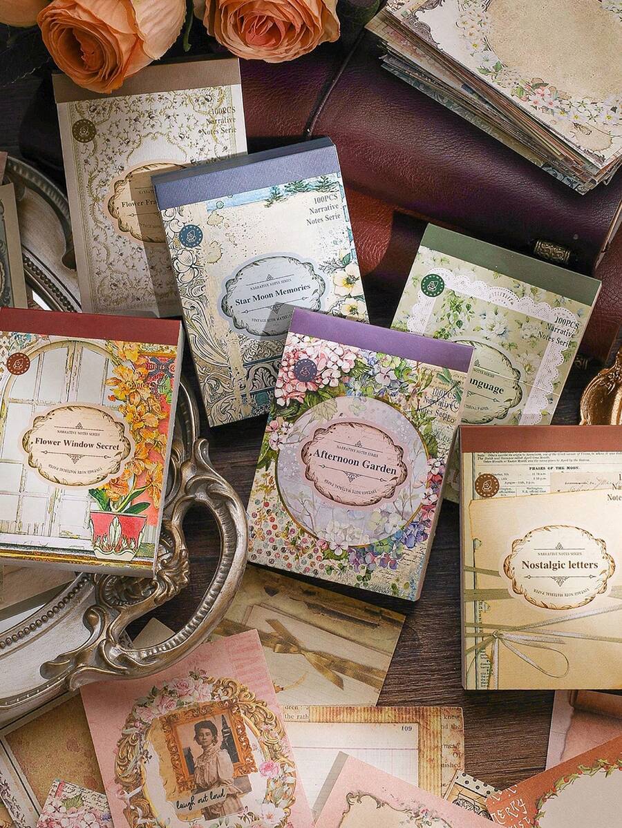 MOCARD 1 Book Of 100pcs Retro Texture Journaling Paper, Diy Scrapbooking Decoration Material, Creative Stationery For School(6 Patterns Delivered Randomly) - Green - View 1