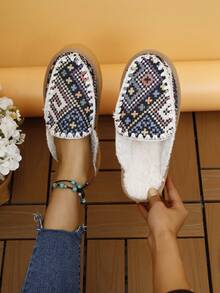 冬季新款加厚包饅頭形編織保暖刺繡拖鞋,半底適用於戶外,女性款 - 藍色 - 查看 6