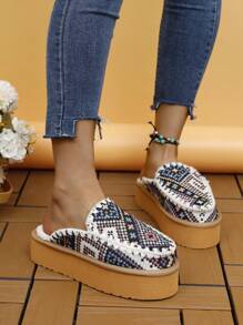 冬季新款加厚包饅頭形編織保暖刺繡拖鞋,半底適用於戶外,女性款 - 藍色 - 查看 1