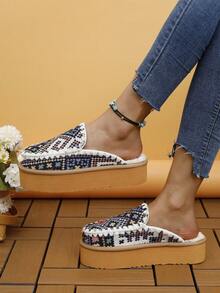 冬季新款加厚包饅頭形編織保暖刺繡拖鞋,半底適用於戶外,女性款 - 藍色 - 查看 3