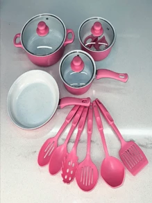 Juego de ollas y sartenes antiadherentes, utensilios de cocina, sartén, regalos para amigos y familiares, 13 PIEZAS - Rosa - Ver 1