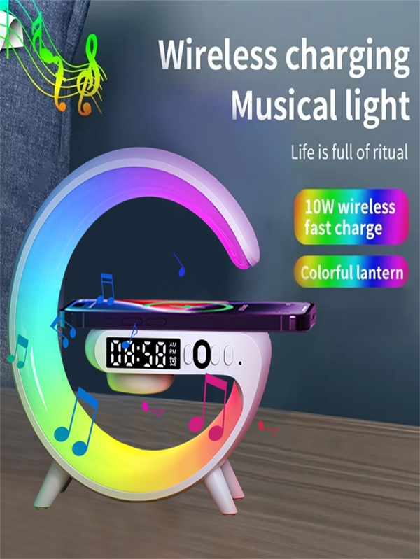 1pc Mini Multifunctional Wireless Charger Speaker, TF Card, RGB Night Light, Christmas Gift, Fast Wireless Charging Stand For Qi-Enabled Smartphones (Please Confirm Your Phone Model Supports Wireless Charging Before Purchase) Alarm Clock With Wireless Charging Compatible With IPhone, IPad,Android Phone ,Wireless Fast Charging,Weekend Mode, Snooze,LED Clocks For Bedroom, Bedside,Sunrise Alarm Clock, Wake Up Light For Bedrooms,Gifts For Family,Friends,Kids,Birthday,Christmas, Winter, Girlfriend,Boyfriend Suitable For Office, Dorm, And Home