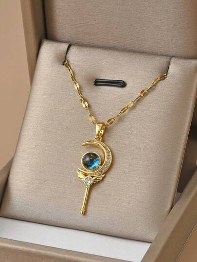 1pc Fashionable Starry Sky, Butterfly & Full Diamond Moon Stainless Steel Necklace For Women