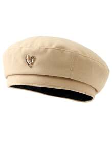 1頂多季節適用女式貝雷帽,新款防曬防風愛心標高端韓風復古畫家帽,適合冬季戶外旅行和休閒穿著,顯臉小 - 米色 - 查看 5