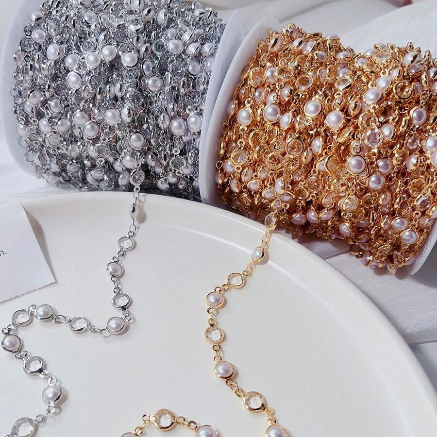 100厘米diy珠寶假珍珠鏈6毫米鑲邊鑽石鏈純銅高保色假珍珠項鍊手鍊頭巾材料 - 金色 - 查看 1